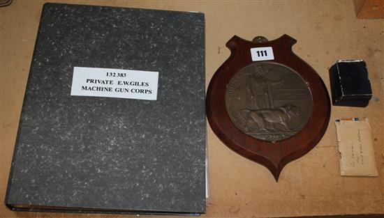 2 medals & memorial plaque and folder to Private E W Giles MGC